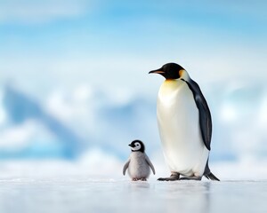 Fototapeta premium Adorable Emperor Penguin with Chick on Icy Antarctic Landscape