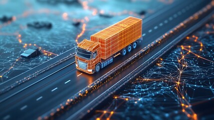 A truck driving on a wide open highway surrounded by lush greenery and clear blue skies in the distance