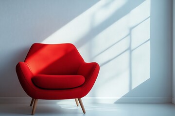 a vibrant red armchair sits alone in a sunlit room, casting shadows on the wall