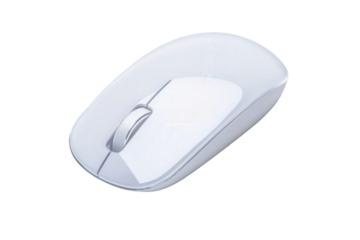 A sleek, modern computer mouse with a smooth surface and a scroll wheel, designed for ergonomic use and efficient navigation, Transparent background.