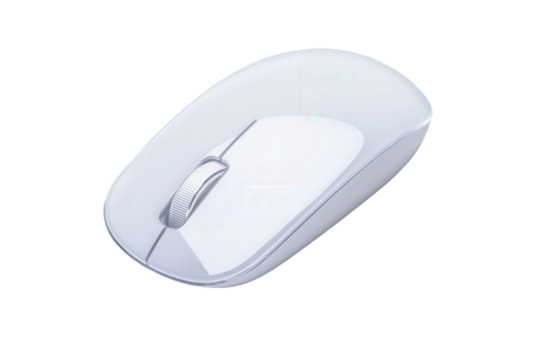 A sleek, modern computer mouse with a smooth surface and a scroll wheel, designed for ergonomic use and efficient navigation, Transparent background.