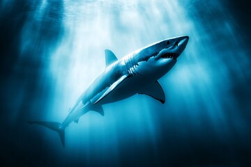 Fototapeta premium Majestic Great White Shark Gliding Through Deep Blue Ocean Light Beams