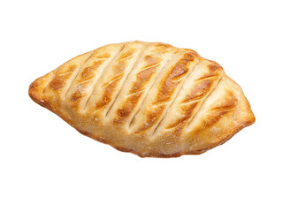 A golden-brown, oval-shaped bread with distinctive crisscross patterns on the surface, Transparent background.