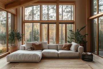 modern living room with large windows overlooking a forest, complete with a comfortable sofa and natural lighting. The scene exudes comfort and serenity