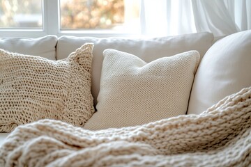 a cozy, inviting couch adorned with soft pillows and a warm blanket. The scene exudes comfort and relaxation