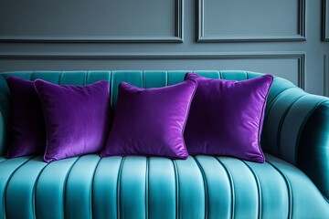 a luxurious teal sofa adorned with vibrant purple pillows, offering a sense of comfort and elegance