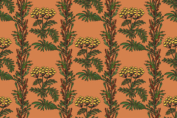 Botanical plant seamless pattern with flowers vector illustration. Repeating floral pattern in beige color background. Graphic design for Fashion Cover Textile Birthday Greeting Card Invitation Print