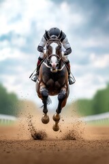 Fototapeta premium Dynamic Close-Up of a Horse Racing with Jockey in Action