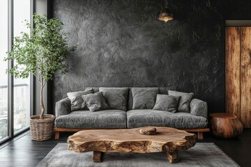 a stylish living room interior with a dark accent wall and a wooden table in the middle. A gray sofa, large windows, and a tree add to the decor