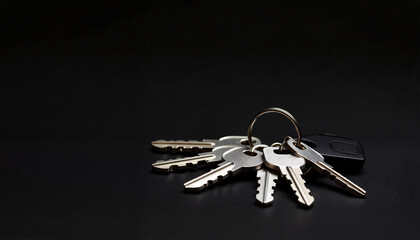 Close-up of a ring of keys on a dark background for blogs, websites, real estate articles, security-related themes, and digital presentations conveying access or organization concepts -