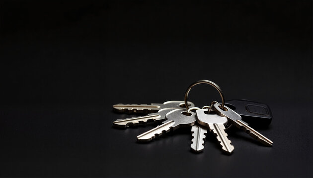 Close-up of a ring of keys on a dark background for blogs, websites, real estate articles, security-related themes, and digital presentations conveying access or organization concepts -