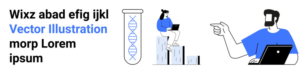 Researcher seated on data charts with laptop near DNA, team interaction for analysis. Ideal for science, education, biotechnology, teamwork, innovation, research, flat landing page banner