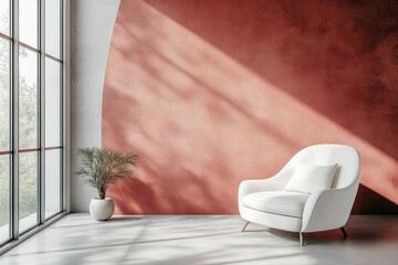 a modern living room with sunlight and an accent wall. The room is minimalistic and features a comfortable armchair and a large window