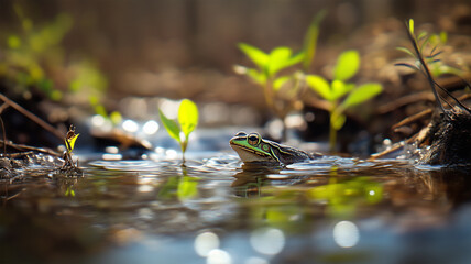 小川のほとりで冬眠から目覚めるカエルと春の息吹