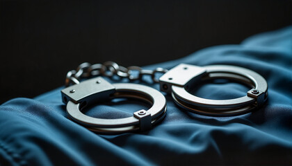 Metal handcuffs resting on a blue fabric background for law enforcement blogs, crime-themed websites, legal presentations, investigations, security awareness campaigns, and criminal justice education