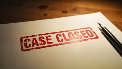 Red "CASE CLOSED" stamp on a document with a pen for blogs, websites, legal articles, investigative reporting, stationery, presentations, and office-related materials
