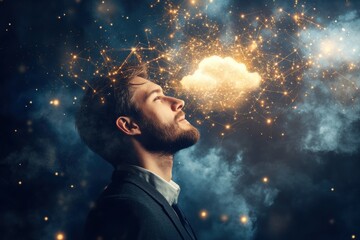 Thoughtful Man Gazing at Cloud of Ideas with Stars in a Surreal and Dreamlike Atmosphere