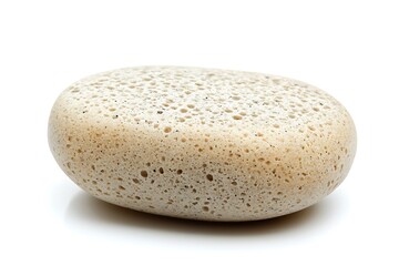 A smooth, porous stone, reminiscent of a beach pebble, rests gently on a pristine white surface, showcasing its naturally textured, beige hue.