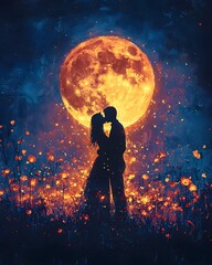 Obraz premium Lovers embrace under the romantic moonlight