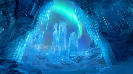 幻想的なブルーの輝きに満ちた氷の洞窟とオーロラ
