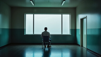 Man sitting alone in a room gazing out of a large window for blogs, websites, mental health awareness, reflection-themed designs, educational materials, and emotional content