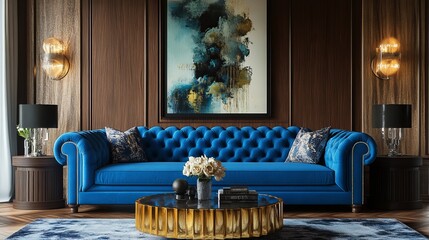 an elegant living room interior featuring a vibrant blue sofa and stylish decor