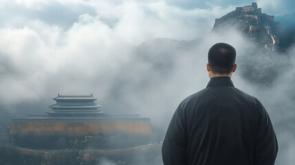 contemplative figure gazes majestic ancient structure shrouded mist, surrounded by mountains and clouds, evoking sense of tranquility and mystery