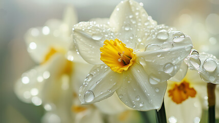 Fototapeta premium 雨上がりに輝くしずくをまとった水仙の瑞々しい姿
