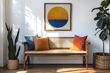 a cozy living space featuring a stylish bench with colorful pillows, plants, and artwork on the wall, creating a serene atmosphere