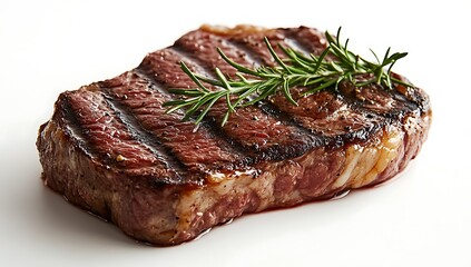 a perfectly grilled steak with distinct grill marks, garnished with fresh rosemary sprigs, presented on a white background, showcasing a mouthwatering and gourmet culinary experience