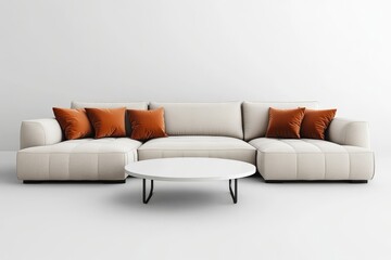 a modern living room interior design featuring a stylish beige sofa and a round coffee table