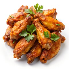 Pile of delicious and crispy fried chicken wings, ready to be eaten with white background