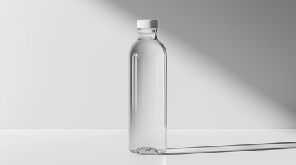 Minimalist transparent water bottle on white background with soft shadows