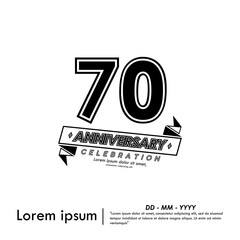 70th years anniversary celebration emblem. black anniversary logo isolated with ribbon on white background. vector illustration template design for web, flyers, poster, greeting card