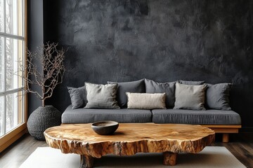 a cozy living room with a stylish wooden table and comfy sofa, inviting a sense of comfort