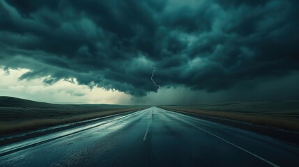 Fototapeta premium Dramatic storm clouds and lightning over a wet empty highway