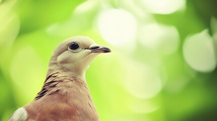 Close-Up View of a Beautiful Bird with Soft Feathering Against a Soft Focus Green Background , copy space