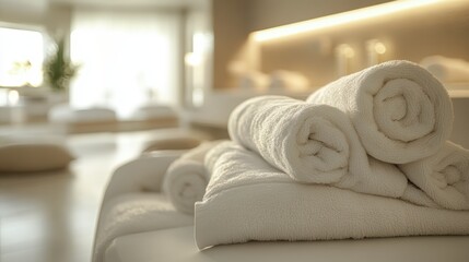 A tranquil haven, where soft, plush towels draped over pristine white surfaces, inviting guests to indulge in the art of relaxation and rejuvenation, bathed in the warm glow of natural light.