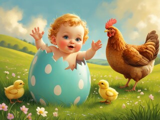 Laughing baby hatching from a cracked Easter egg in a meadow