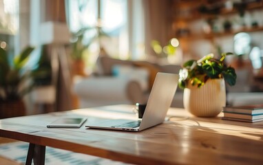 Wooden desk with laptop and mobile phone on top, cozy home interior background, blurred living room in the backdrop. Concept of remote work in the home office space. Focus on the table. 