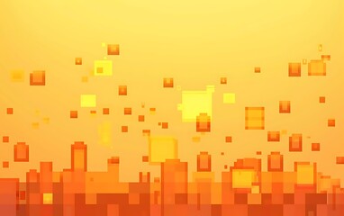 Yellow and orange gradient background with pixel art squares.