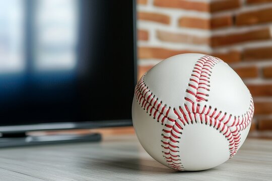 A close-up of a baseball resting on a wooden surface next to a television, with a brick wall in the background.