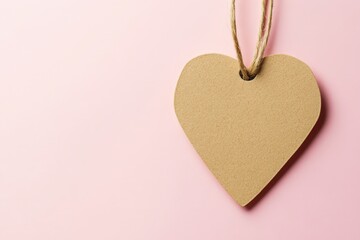 A heart shaped blank tag hanging with twine on pink background