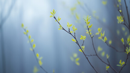霧の中に浮かぶ若葉と幻想的な森の風景