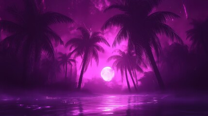 Enchanting Purple Night Landscape with Silhouetted Palm Trees