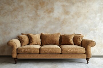 a comfortable and stylish brown sofa with pillows against a textured wall