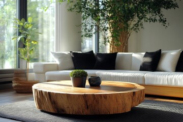 an interior shot featuring a modern living room with stylish furnishings and natural light. A contemporary sofa with black pillows sits next to a wooden coffee table.