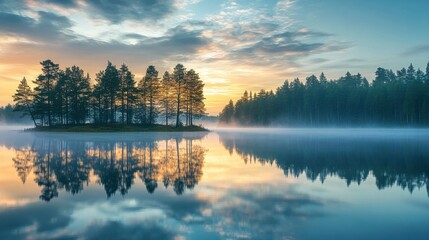 Fototapeta premium Tranquil Sunrise Over Misty Lake with Reflections of Forest Trees