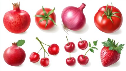 Red fruit and vegetable mix collection. Pomegranate, tomato, apple, pomelo, radish, currant, plum, cherry, strawberry, raspberry, onion, pepper isolated on white background. Flat la