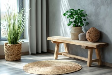 a cozy interior with a wooden bench, plants, and a round rug creating a peaceful atmosphere. The image showcases natural light and textures